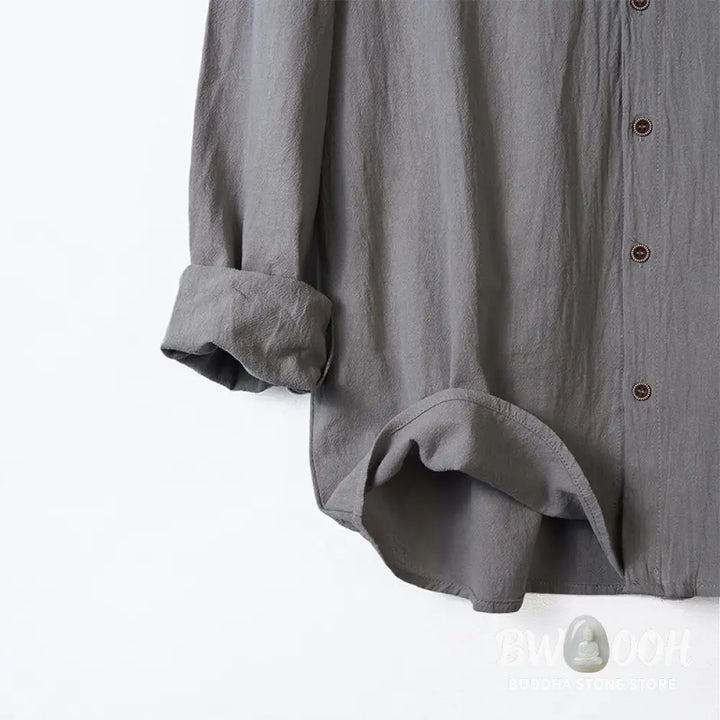 Buddha Stones Solid Color Long Sleeve Hooded Drawstring Buttons Cotton Men’s Shirt - Men’s Shirts