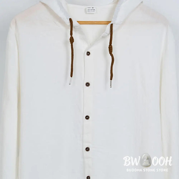Buddha Stones Solid Color Long Sleeve Hooded Drawstring Buttons Cotton Men’s Shirt - Men’s Shirts