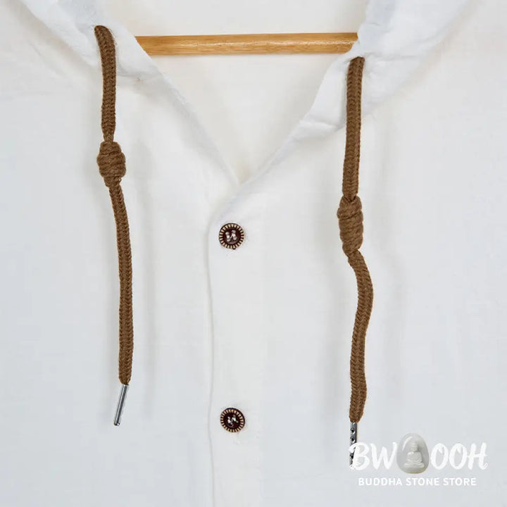 Buddha Stones Solid Color Long Sleeve Hooded Drawstring Buttons Cotton Men’s Shirt - Men’s Shirts