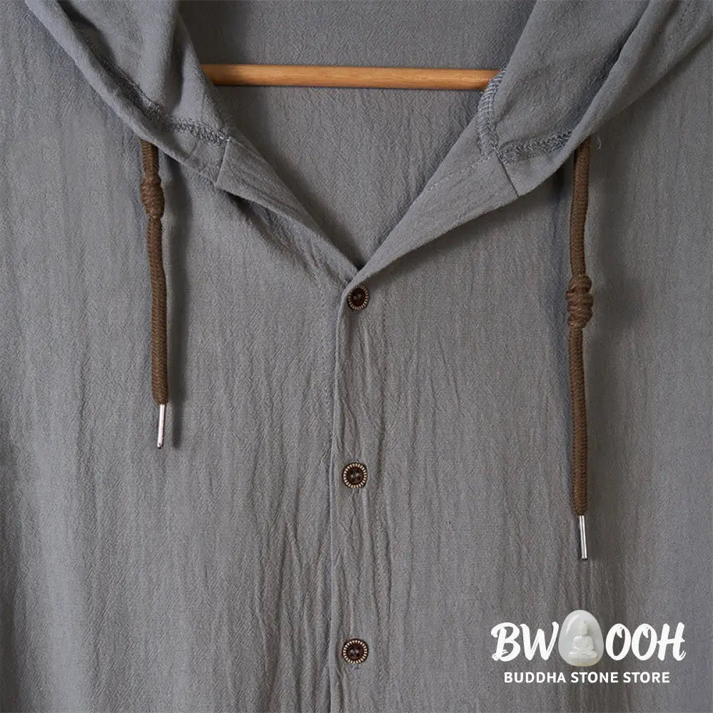 Buddha Stones Solid Color Long Sleeve Hooded Drawstring Buttons Cotton Men’s Shirt - Men’s Shirts