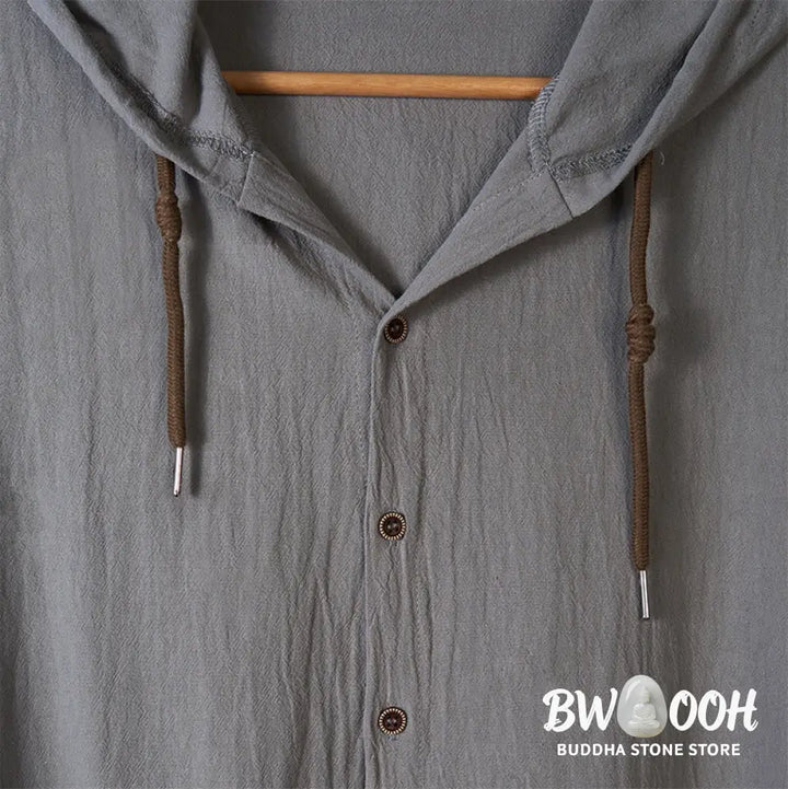 Buddha Stones Solid Color Long Sleeve Hooded Drawstring Buttons Cotton Men’s Shirt - Men’s Shirts