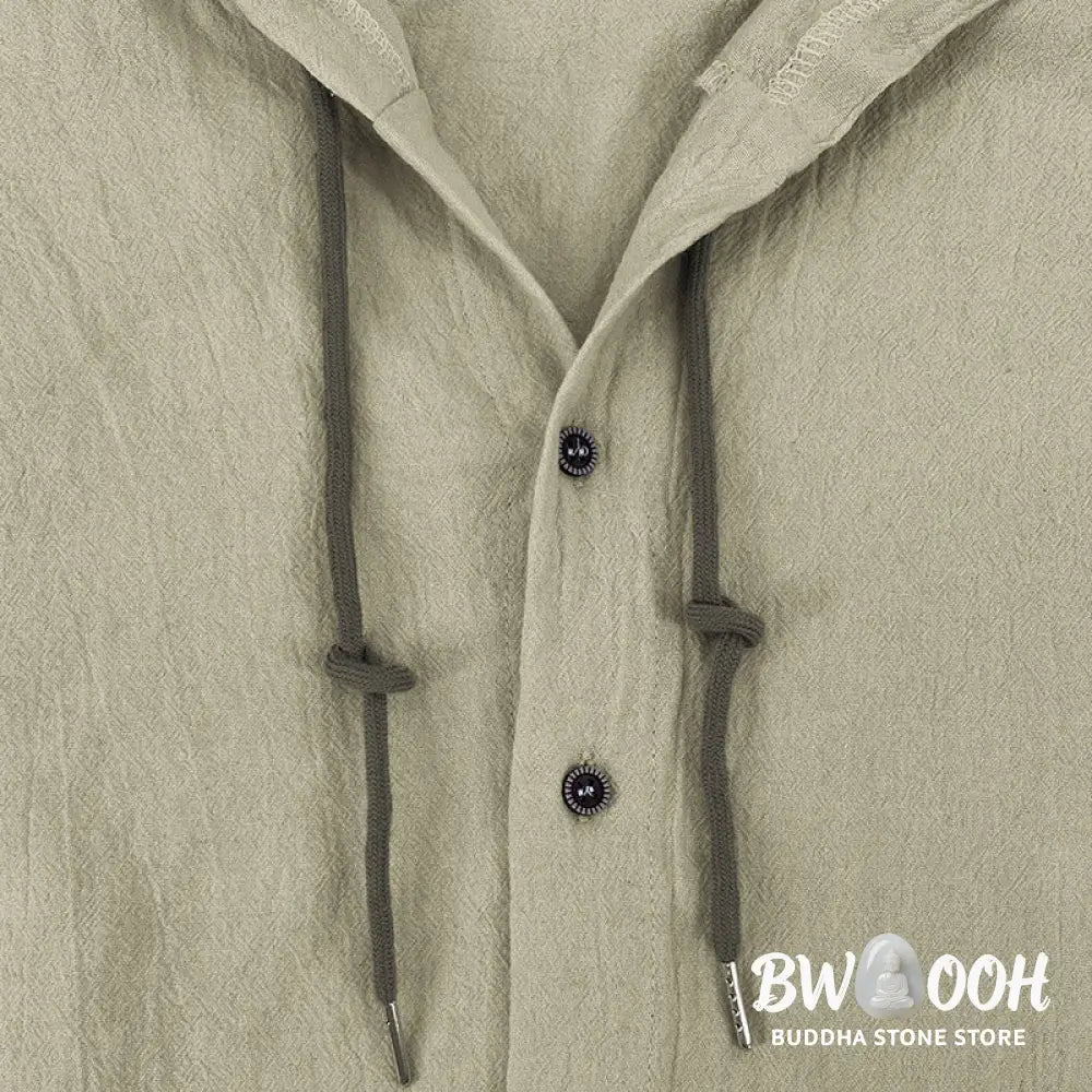 Buddha Stones Solid Color Long Sleeve Hooded Drawstring Buttons Cotton Men’s Shirt - Men’s Shirts