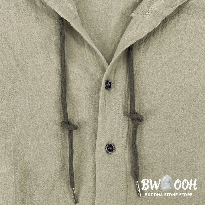 Buddha Stones Solid Color Long Sleeve Hooded Drawstring Buttons Cotton Men’s Shirt - Men’s Shirts