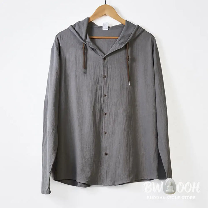 Buddha Stones Solid Color Long Sleeve Hooded Drawstring Buttons Cotton Men’s Shirt - Men’s Shirts