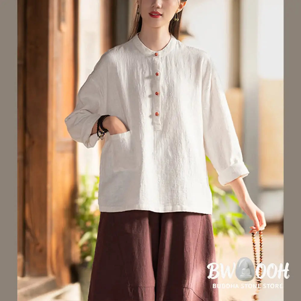Buddha Stones Solid Color Loose Button Blouse Long Sleeve Shirt Top - Long Sleeve Shirt