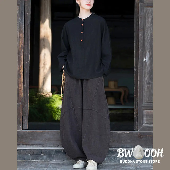 Buddha Stones Solid Color Loose Button Blouse Long Sleeve Shirt Top - Long Sleeve Shirt