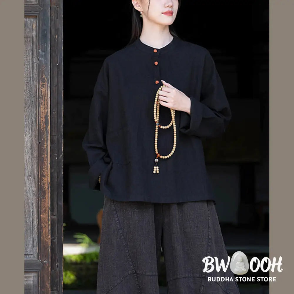 Buddha Stones Solid Color Loose Button Blouse Long Sleeve Shirt Top - Long Sleeve Shirt