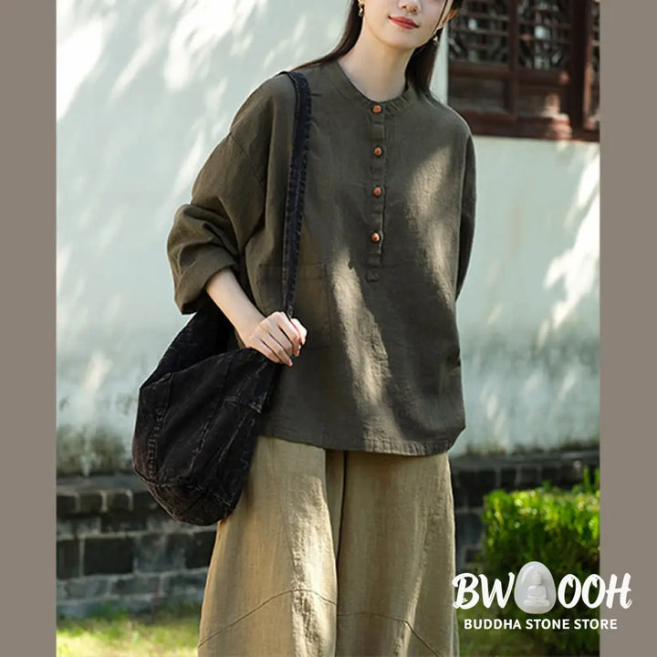Buddha Stones Solid Color Loose Button Blouse Long Sleeve Shirt Top - Long Sleeve Shirt