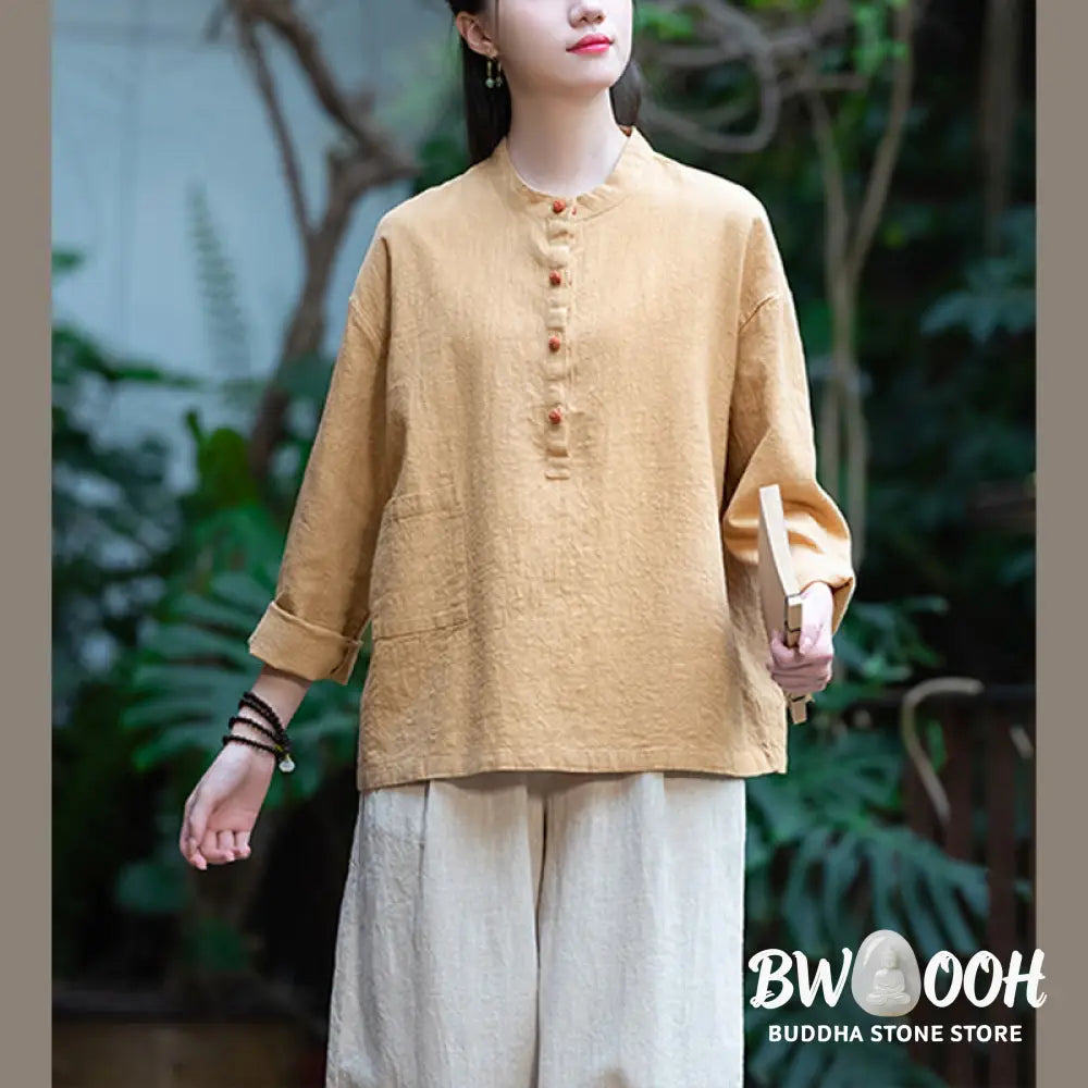 Buddha Stones Solid Color Loose Button Blouse Long Sleeve Shirt Top - Long Sleeve Shirt