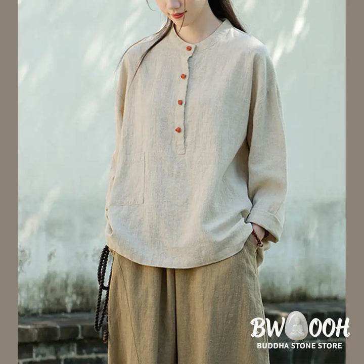 Buddha Stones Solid Color Loose Button Blouse Long Sleeve Shirt Top - Long Sleeve Shirt