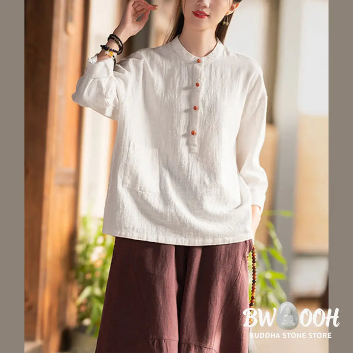 Buddha Stones Solid Color Loose Button Blouse Long Sleeve Shirt Top - Long Sleeve Shirt