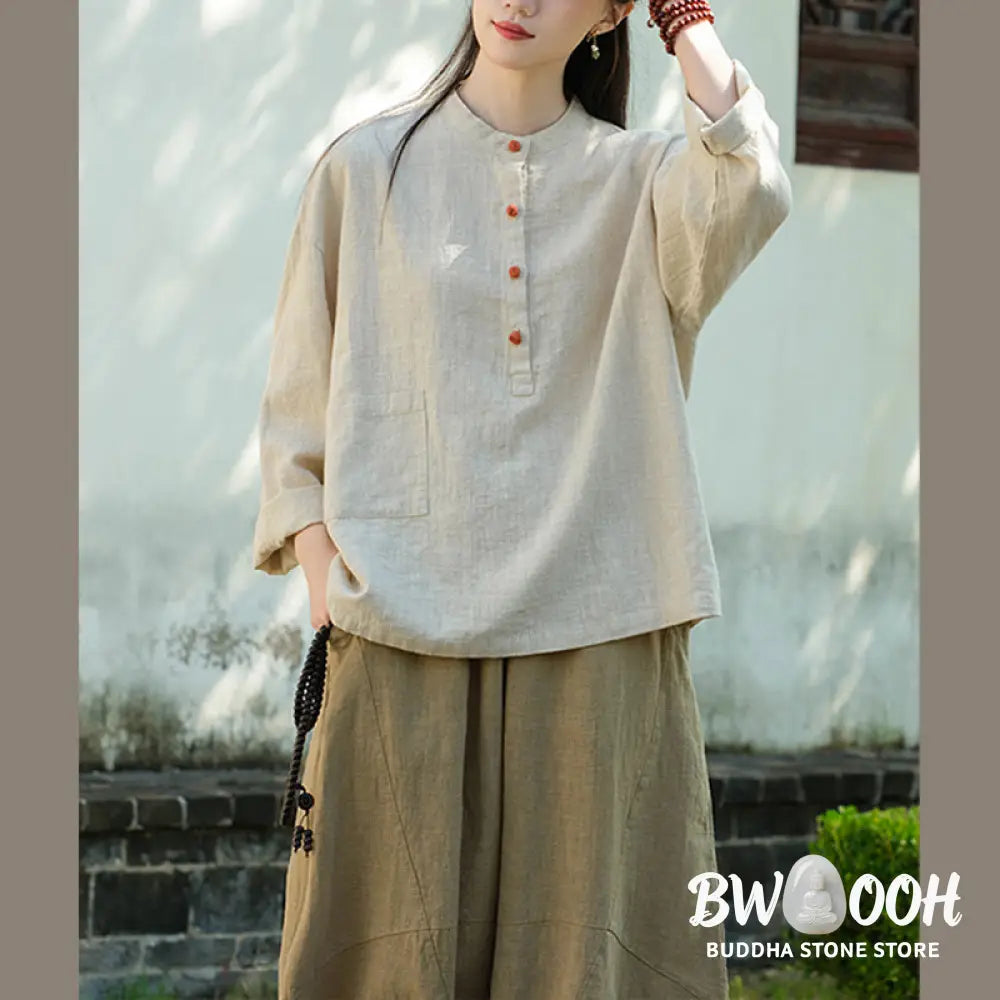 Buddha Stones Solid Color Loose Button Blouse Long Sleeve Shirt Top - Long Sleeve Shirt