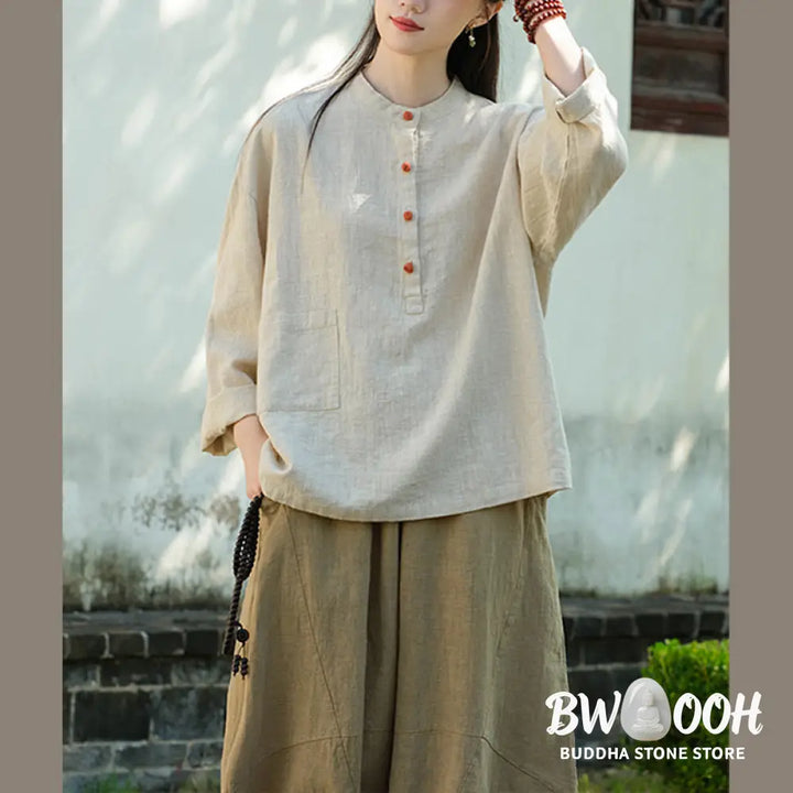 Buddha Stones Solid Color Loose Button Blouse Long Sleeve Shirt Top - Long Sleeve Shirt