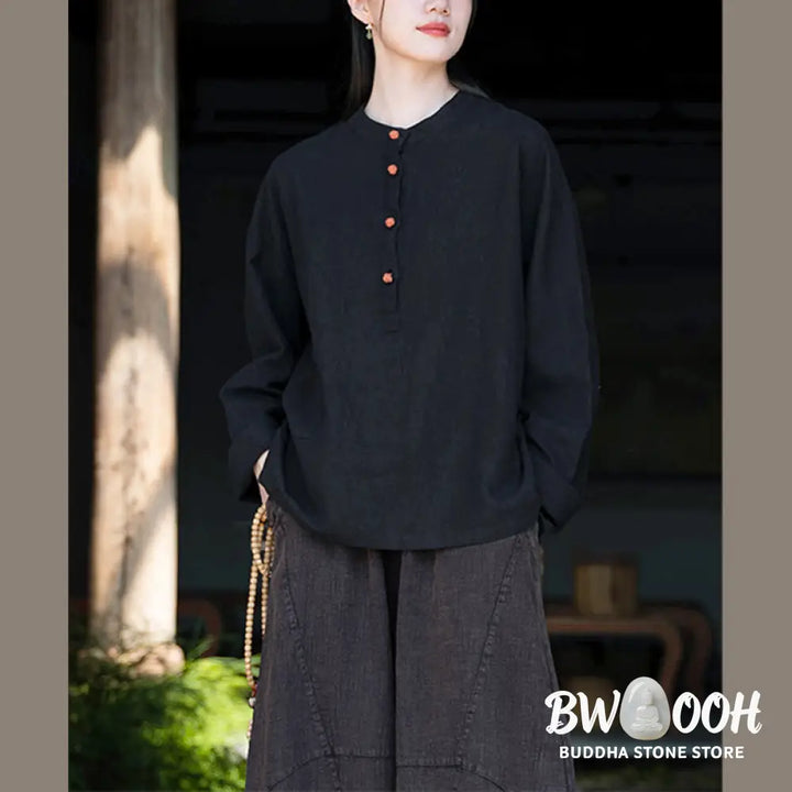 Buddha Stones Solid Color Loose Button Blouse Long Sleeve Shirt Top - Long Sleeve Shirt