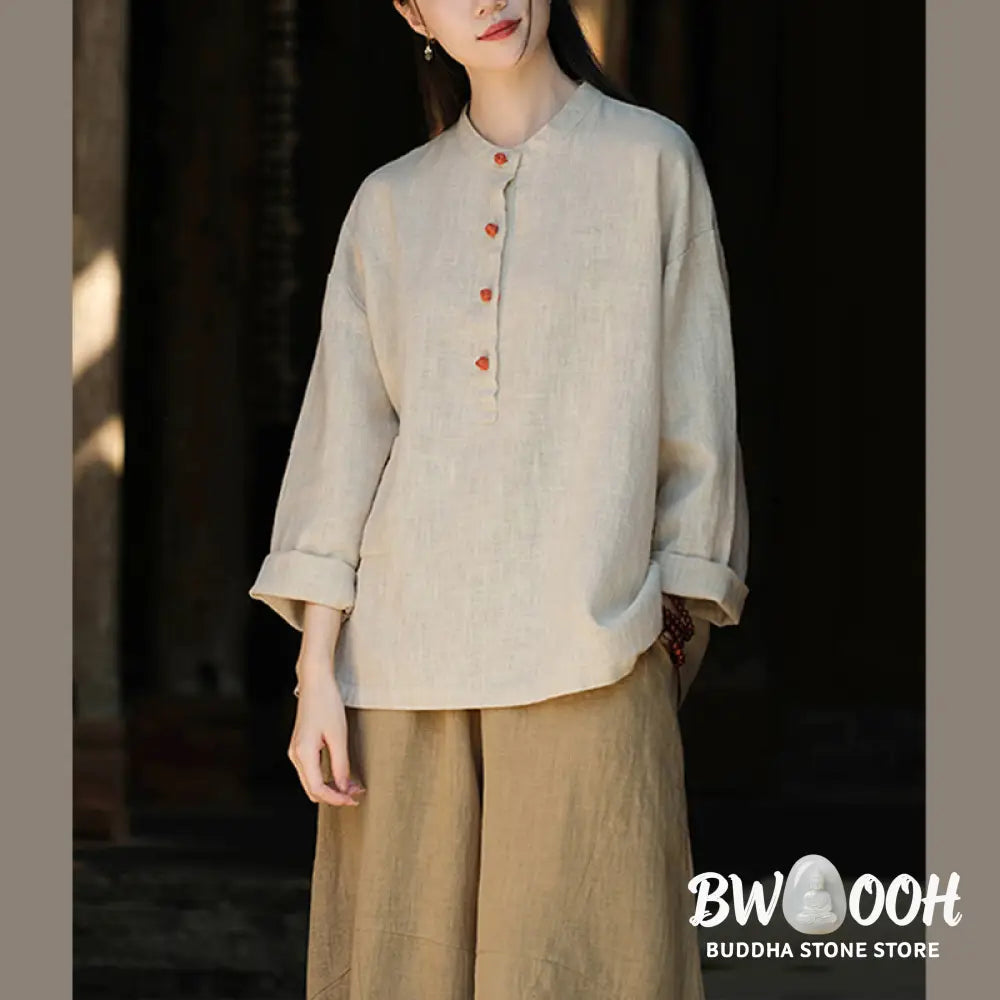 Buddha Stones Solid Color Loose Button Blouse Long Sleeve Shirt Top - Long Sleeve Shirt