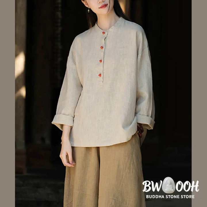 Buddha Stones Solid Color Loose Button Blouse Long Sleeve Shirt Top - Long Sleeve Shirt