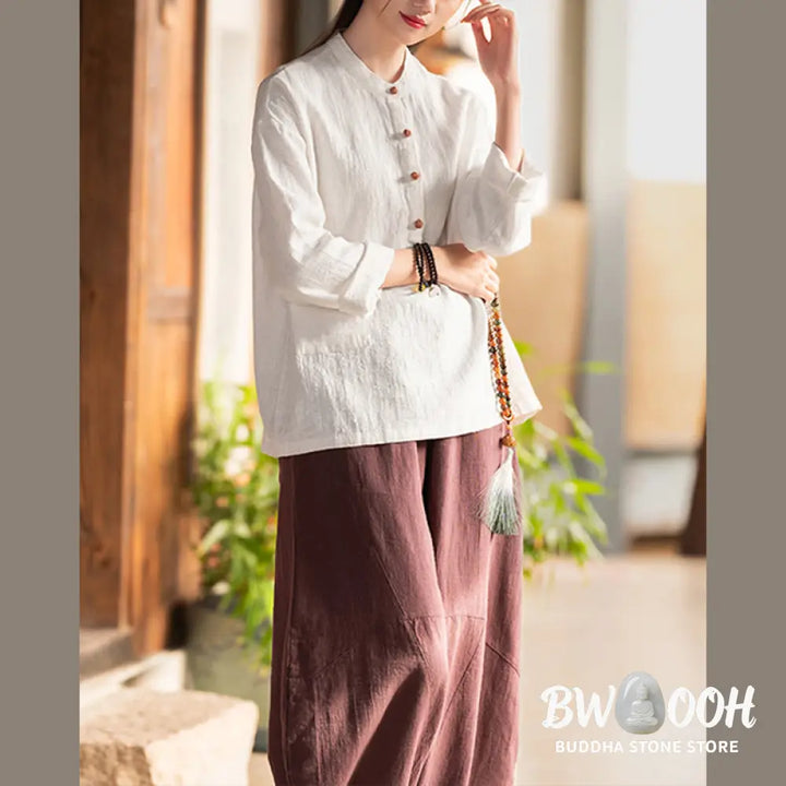 Buddha Stones Solid Color Loose Button Blouse Long Sleeve Shirt Top - Long Sleeve Shirt