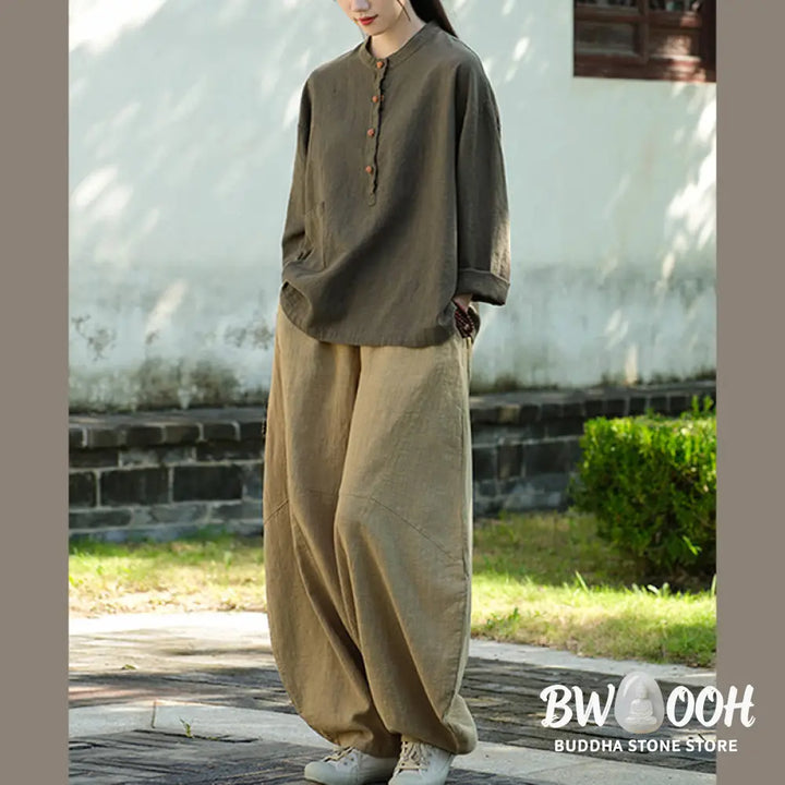 Buddha Stones Solid Color Loose Button Blouse Long Sleeve Shirt Top - Long Sleeve Shirt