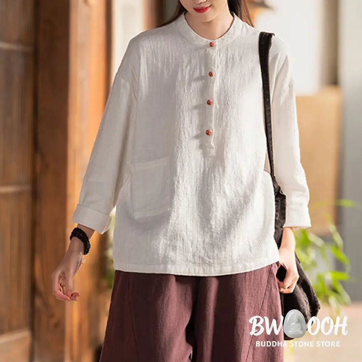 Buddha Stones Solid Color Loose Button Blouse Long Sleeve Shirt Top - Long Sleeve Shirt