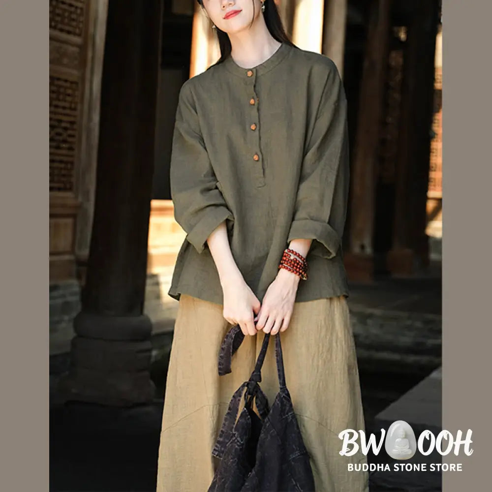 Buddha Stones Solid Color Loose Button Blouse Long Sleeve Shirt Top - Long Sleeve Shirt