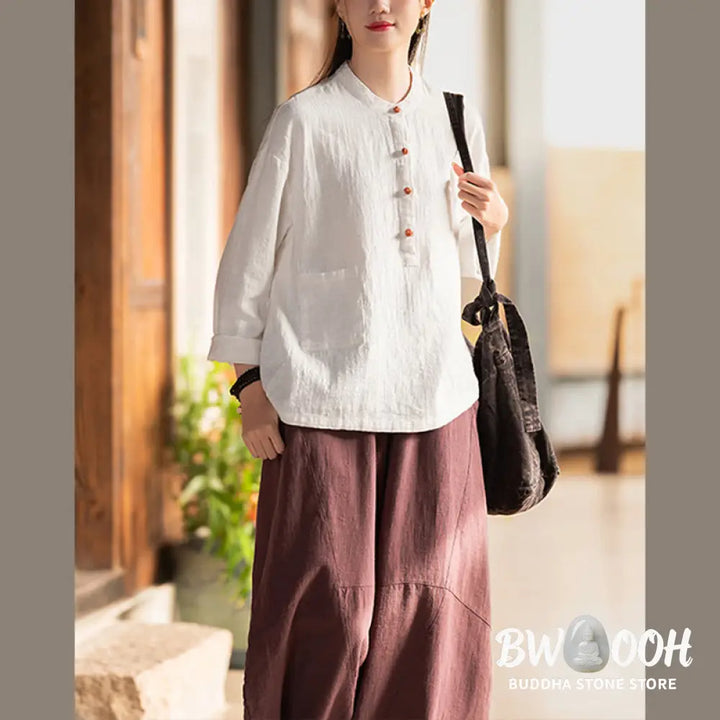 Buddha Stones Solid Color Loose Button Blouse Long Sleeve Shirt Top - Long Sleeve Shirt