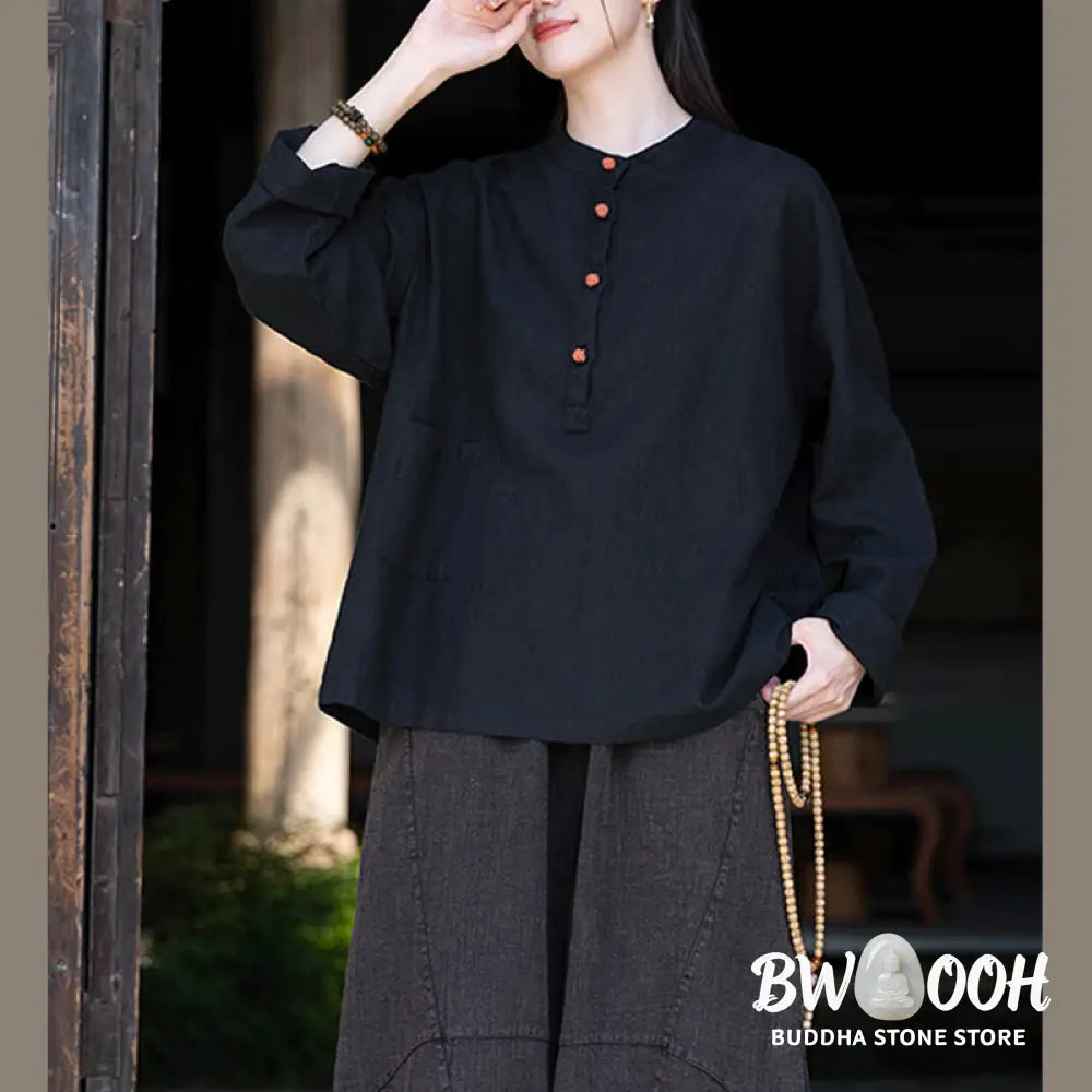 Buddha Stones Solid Color Loose Button Blouse Long Sleeve Shirt Top - Long Sleeve Shirt