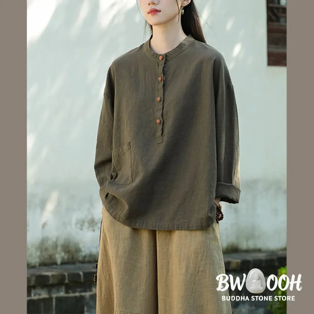 Buddha Stones Solid Color Loose Button Blouse Long Sleeve Shirt Top - Long Sleeve Shirt