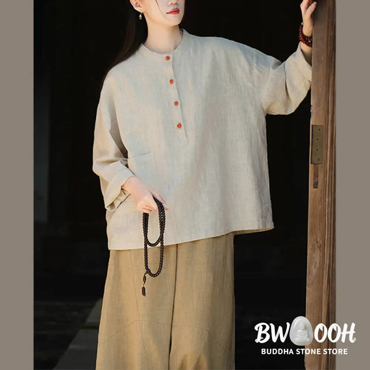 Buddha Stones Solid Color Loose Button Blouse Long Sleeve Shirt Top - Long Sleeve Shirt