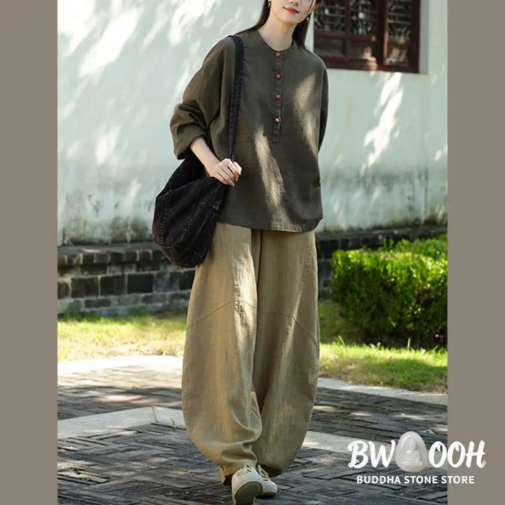 Buddha Stones Solid Color Loose Button Blouse Long Sleeve Shirt Top - Long Sleeve Shirt