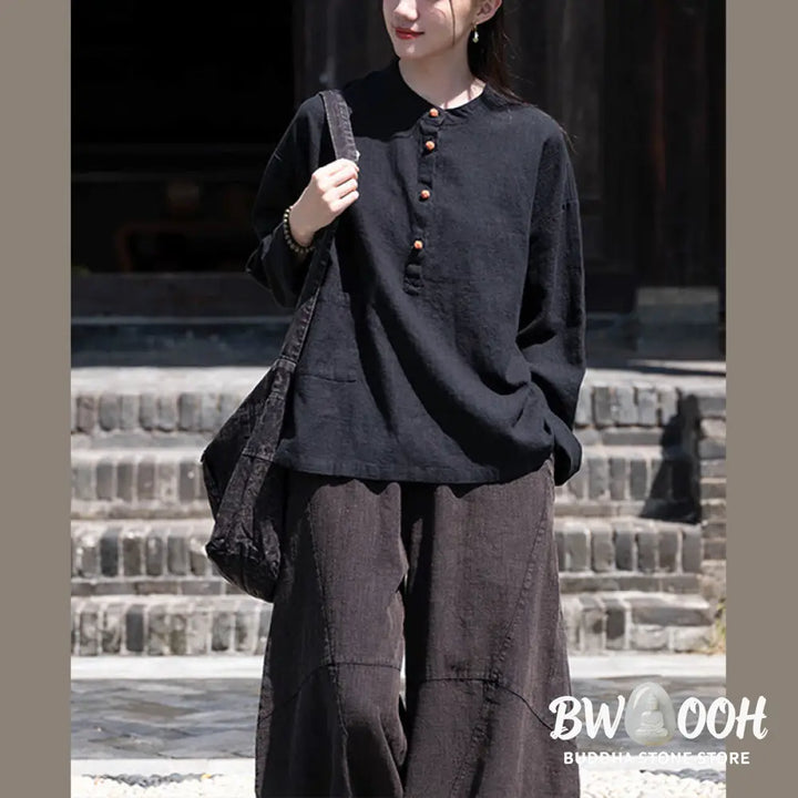 Buddha Stones Solid Color Loose Button Blouse Long Sleeve Shirt Top - Long Sleeve Shirt