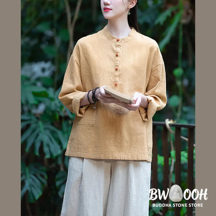 Buddha Stones Solid Color Loose Button Blouse Long Sleeve Shirt Top - Long Sleeve Shirt