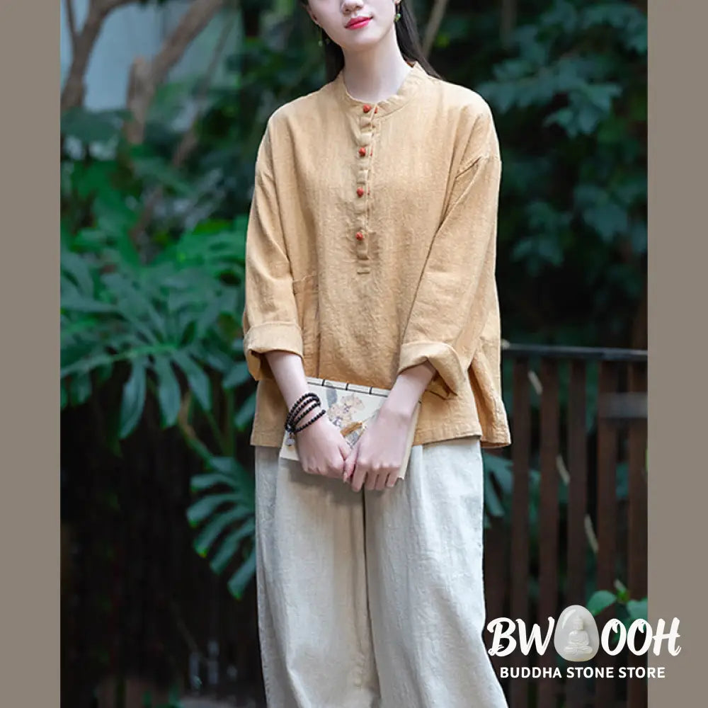 Buddha Stones Solid Color Loose Button Blouse Long Sleeve Shirt Top - Long Sleeve Shirt