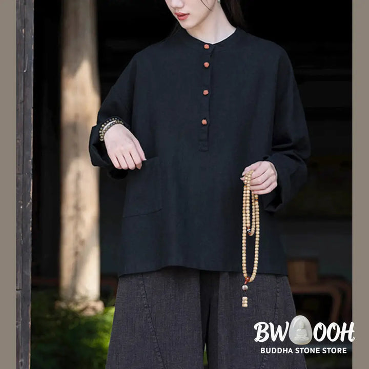 Buddha Stones Solid Color Loose Button Blouse Long Sleeve Shirt Top - Long Sleeve Shirt