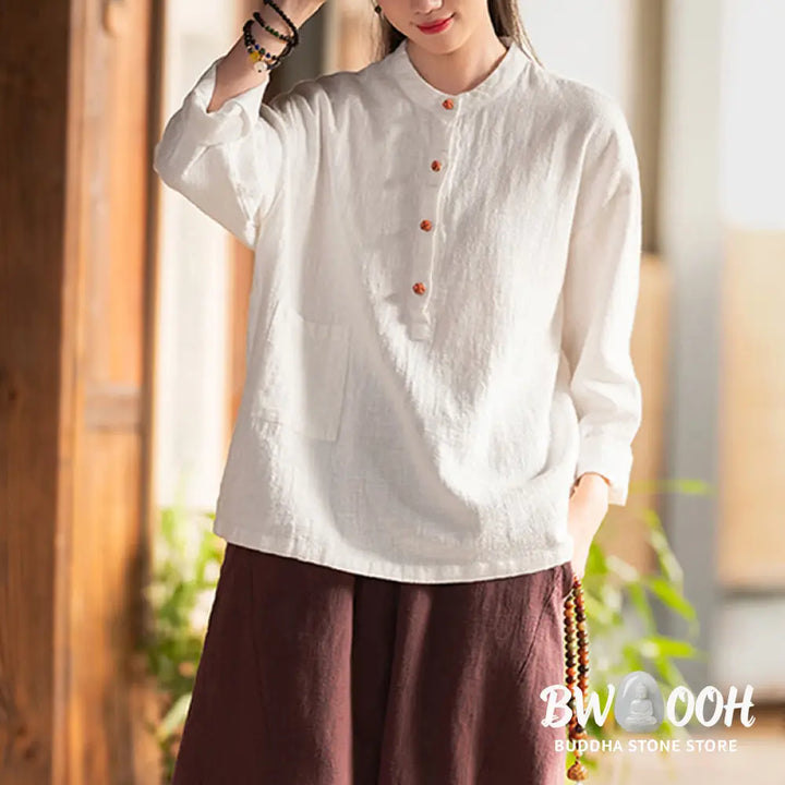 Buddha Stones Solid Color Loose Button Blouse Long Sleeve Shirt Top - Long Sleeve Shirt