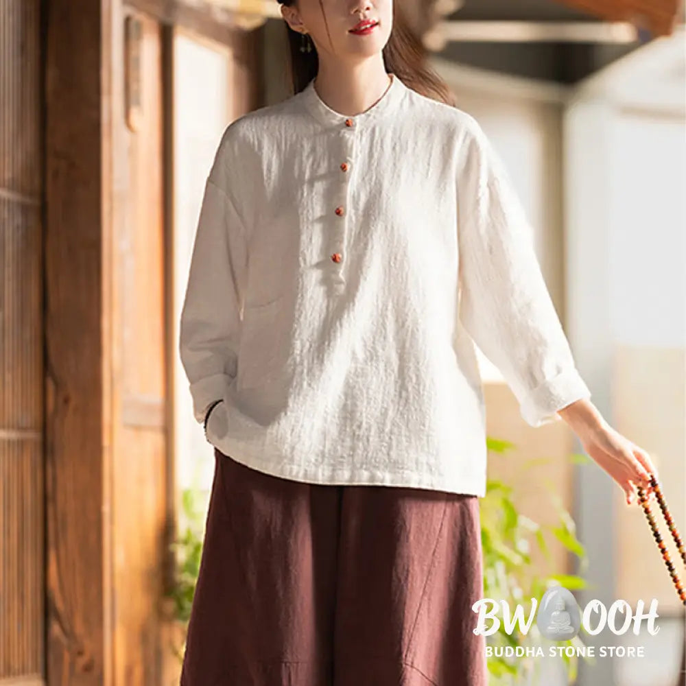 Buddha Stones Solid Color Loose Button Blouse Long Sleeve Shirt Top - Long Sleeve Shirt