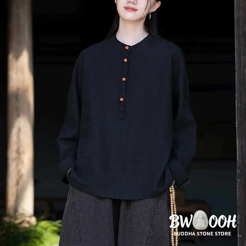 Buddha Stones Solid Color Loose Button Blouse Long Sleeve Shirt Top - Long Sleeve Shirt