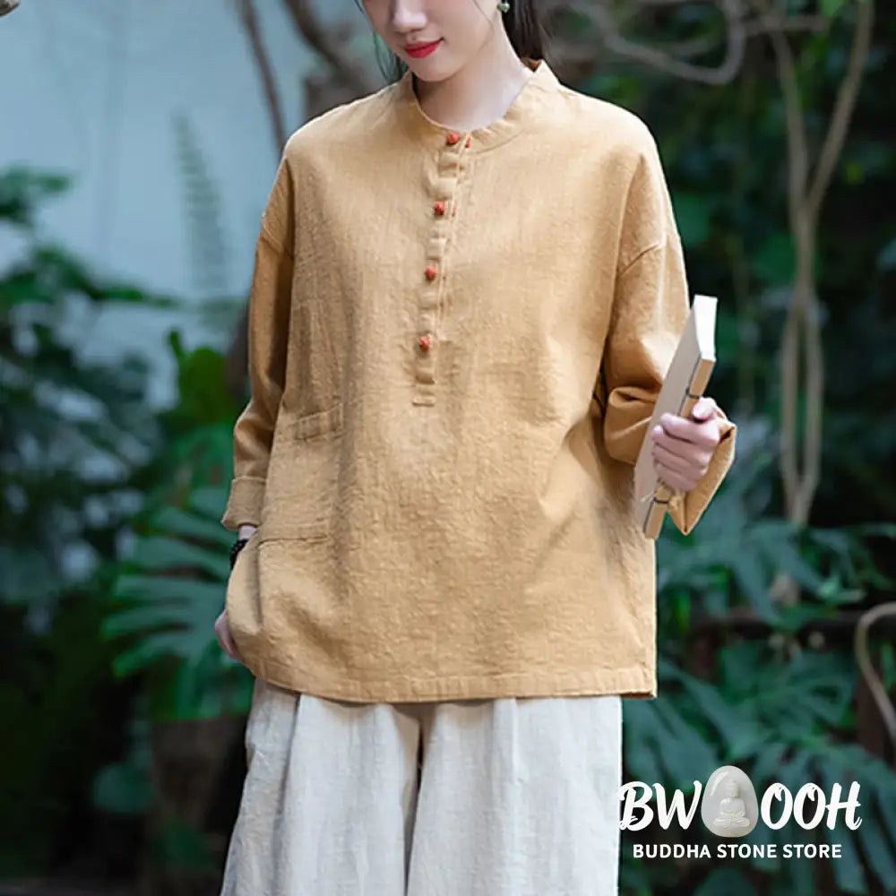 Buddha Stones Solid Color Loose Button Blouse Long Sleeve Shirt Top - Long Sleeve Shirt