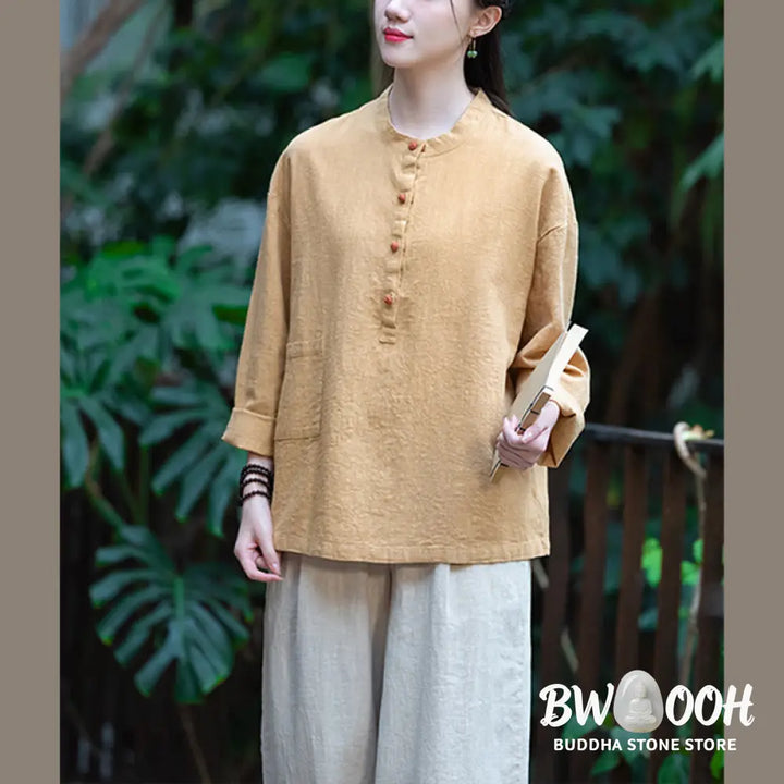 Buddha Stones Solid Color Loose Button Blouse Long Sleeve Shirt Top - Long Sleeve Shirt
