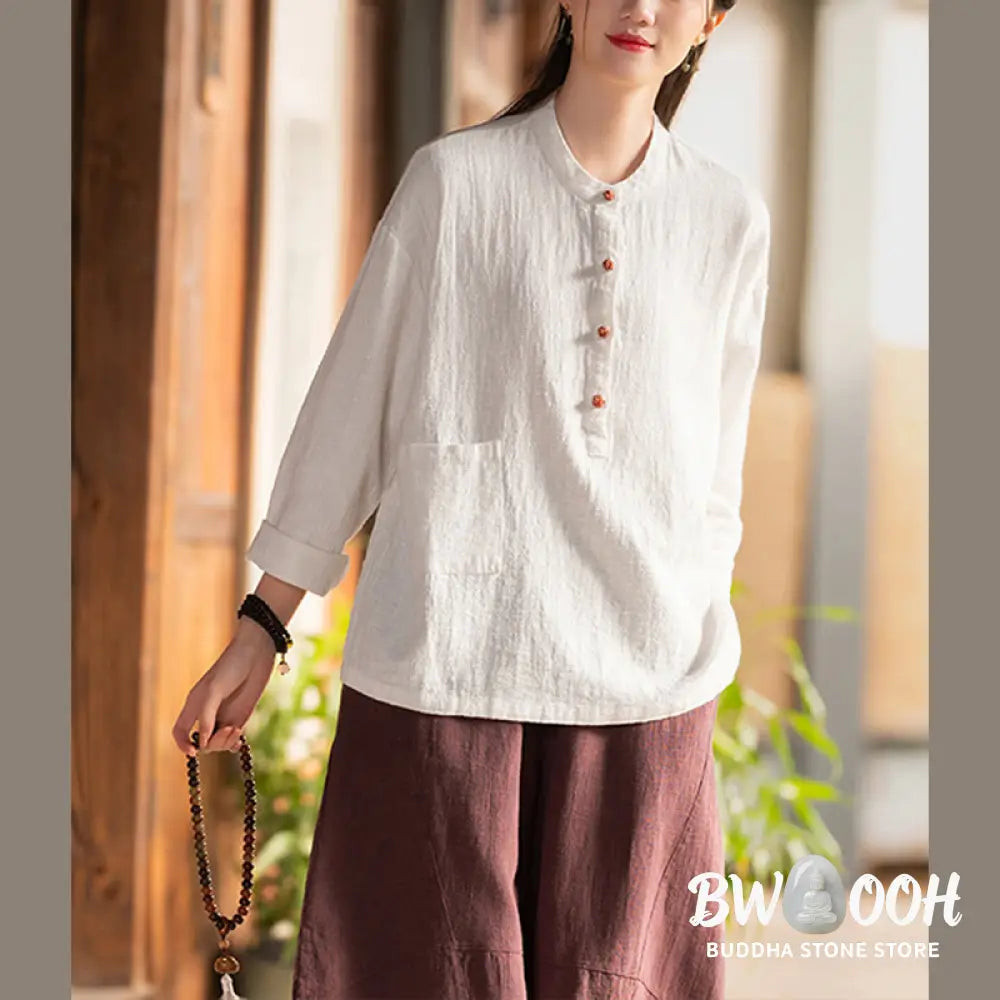 Buddha Stones Solid Color Loose Button Blouse Long Sleeve Shirt Top - Long Sleeve Shirt