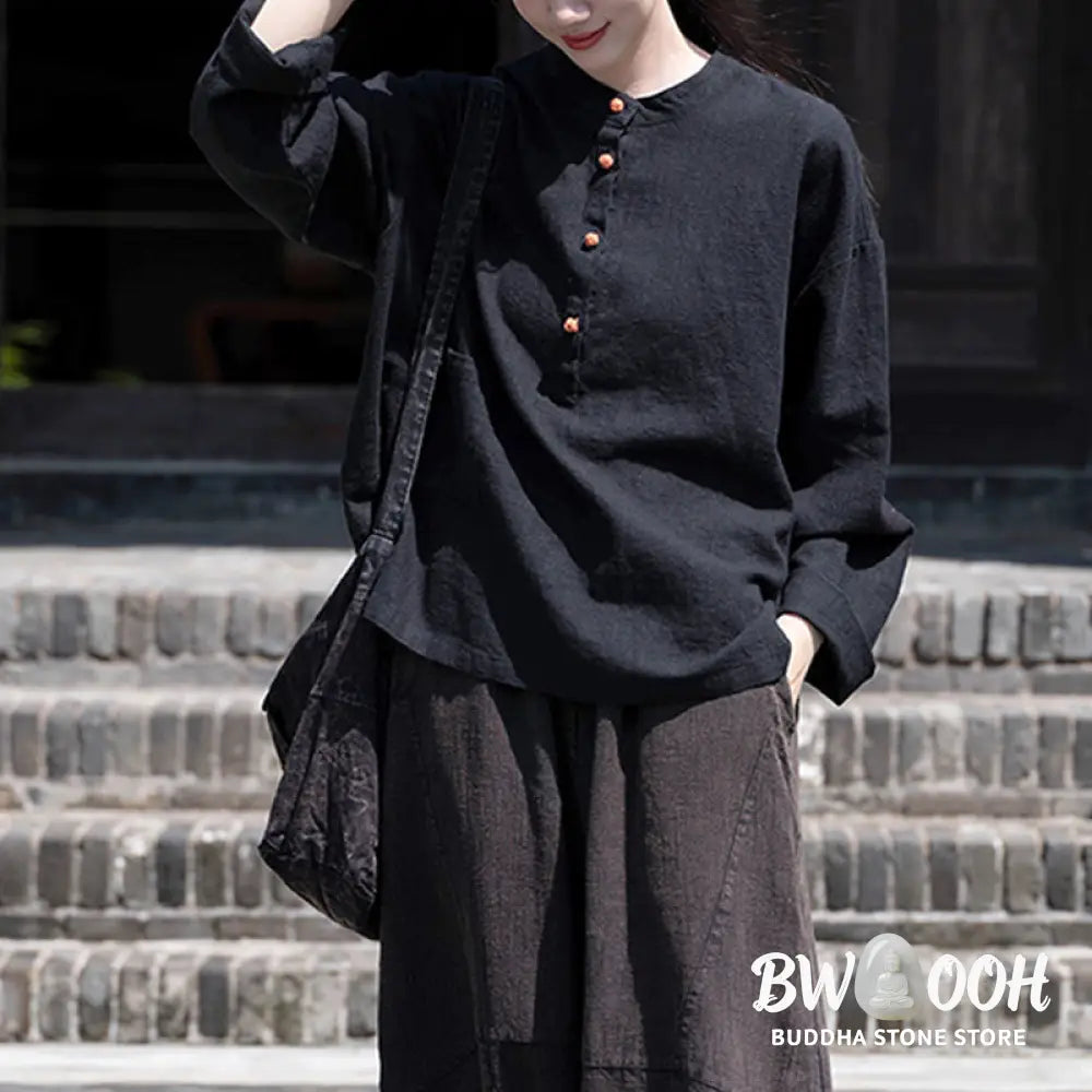 Buddha Stones Solid Color Loose Button Blouse Long Sleeve Shirt Top - Long Sleeve Shirt