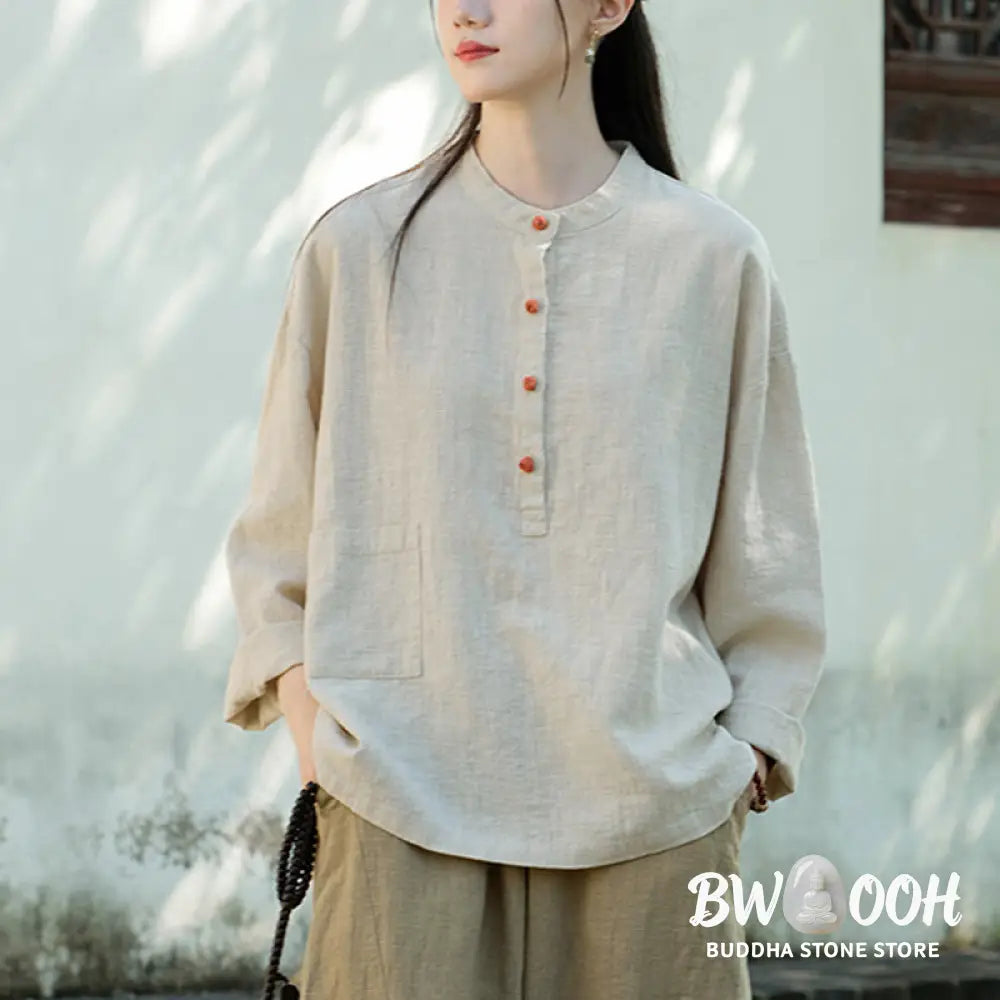 Buddha Stones Solid Color Loose Button Blouse Long Sleeve Shirt Top - Long Sleeve Shirt