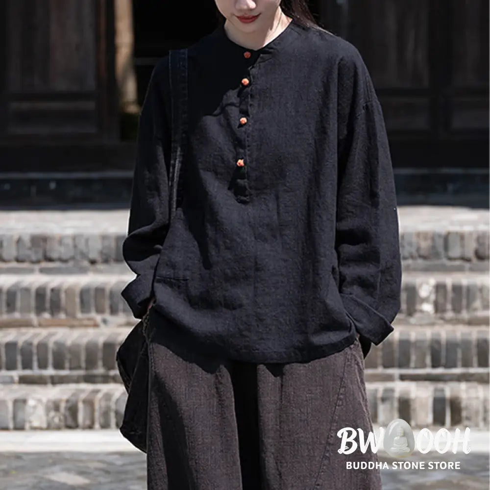 Buddha Stones Solid Color Loose Button Blouse Long Sleeve Shirt Top - Long Sleeve Shirt