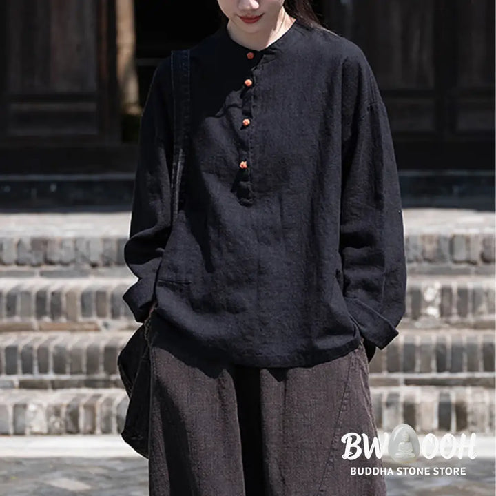 Buddha Stones Solid Color Loose Button Blouse Long Sleeve Shirt Top - Long Sleeve Shirt