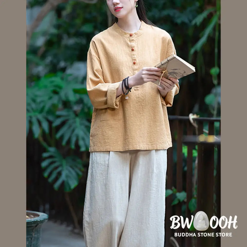 Buddha Stones Solid Color Loose Button Blouse Long Sleeve Shirt Top - Long Sleeve Shirt