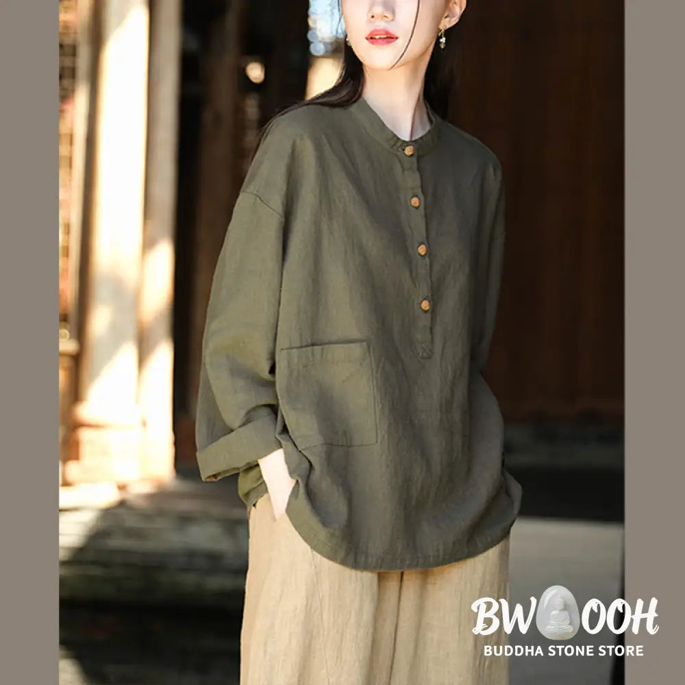 Buddha Stones Solid Color Loose Button Blouse Long Sleeve Shirt Top - Long Sleeve Shirt