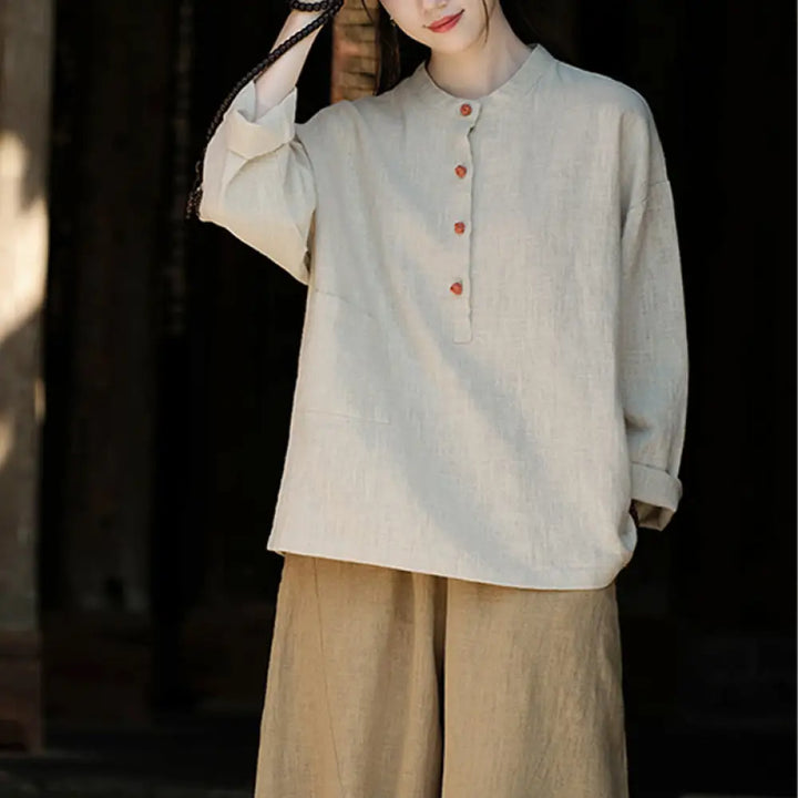 Buddha Stones Solid Color Loose Button Blouse Long Sleeve Shirt Top - Beige(Bust 126cm)(Top Only) - Long Sleeve Shirt
