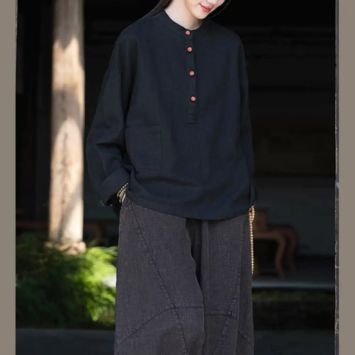 Buddha Stones Solid Color Loose Button Blouse Long Sleeve Shirt Top - Black(Bust 126cm)(Top Only) - Long Sleeve Shirt