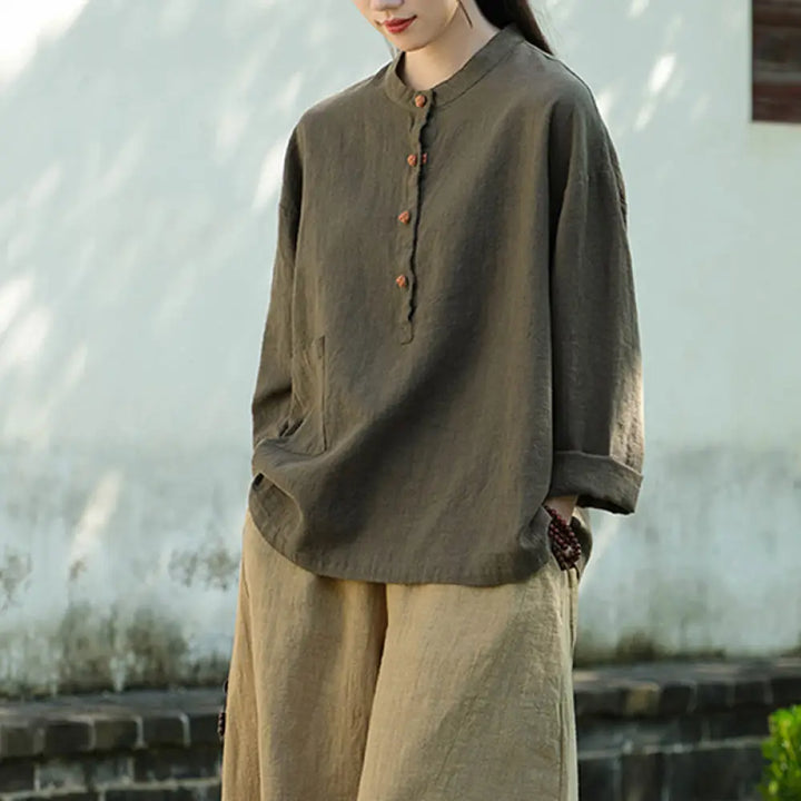 Buddha Stones Solid Color Loose Button Blouse Long Sleeve Shirt Top - Green(Bust 126cm)(Top Only) - Long Sleeve Shirt