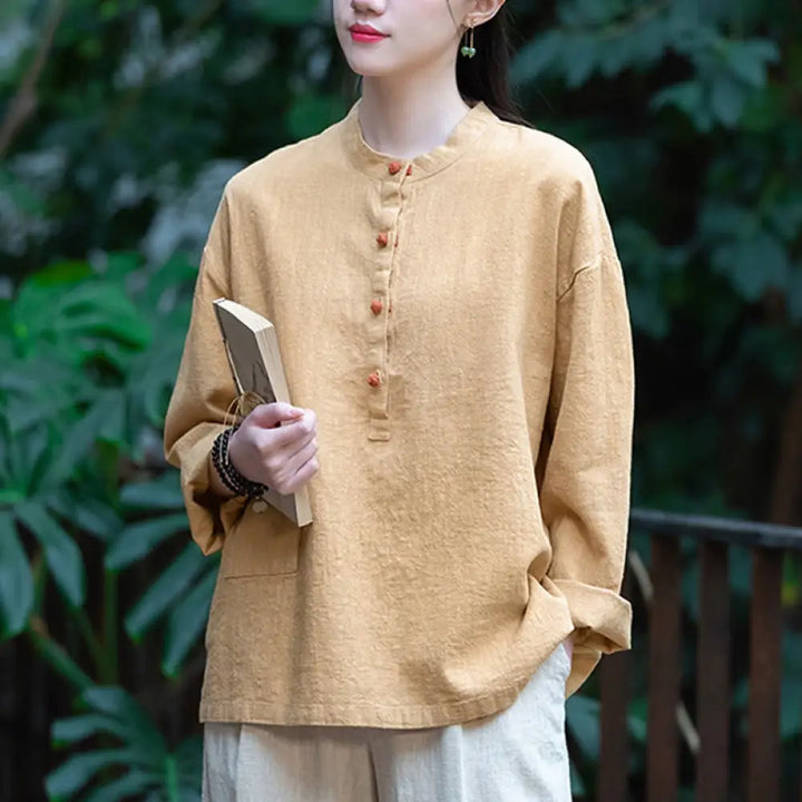 Buddha Stones Solid Color Loose Button Blouse Long Sleeve Shirt Top - Yellow(Bust 126cm)(Top Only) - Long Sleeve Shirt