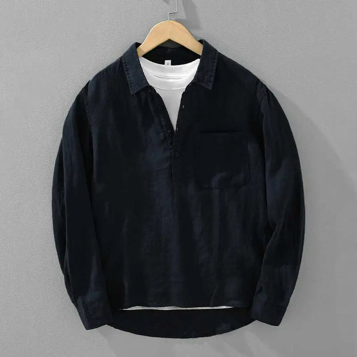 Buddha Stones Solid Color Loose Long Sleeve Half Button Shirt Linen Men Clothing - DarkBlue / US/UK/AU34，EU44 (M)